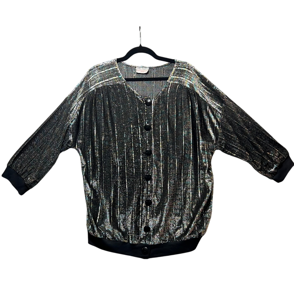 Vintage 80s MS Tops California Metallic Sparkle Sheer Button Front Plus Size 24W